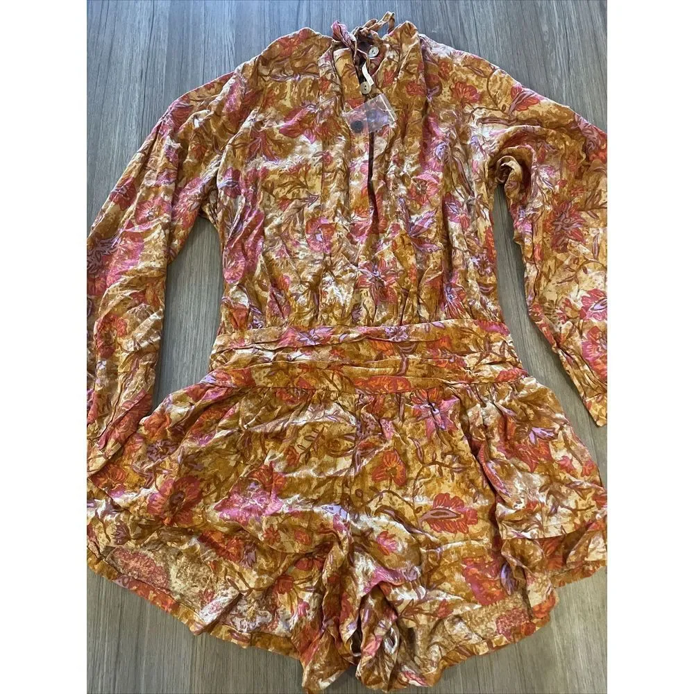 Free People Orange Dance‎ Til Dawn Romper Size Women's XS Ruffled Tie Up Romper